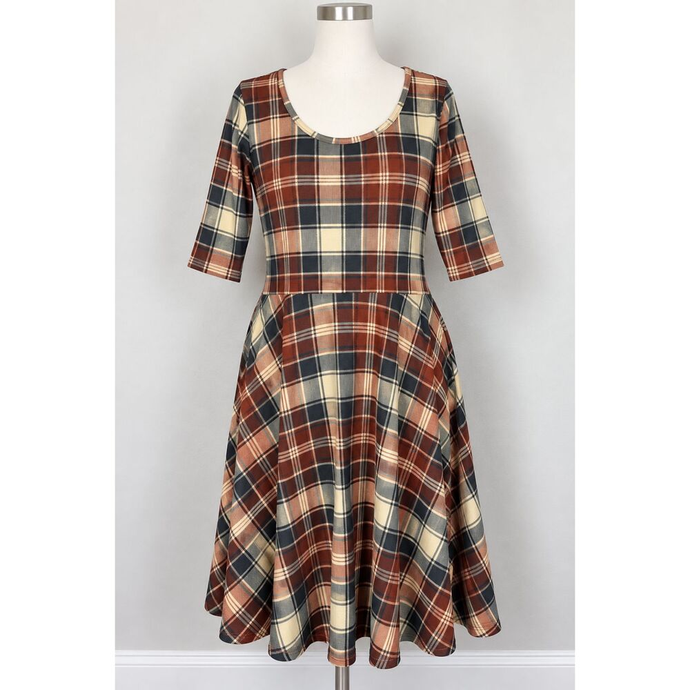 LuLaRoe Nicole Womens 3XL Brown Navy Plaid Fit & Flare Midi Dress Plus Size